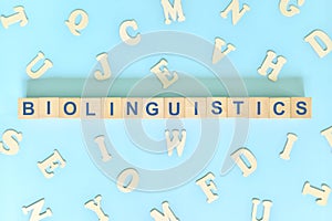 Study biolinguistics in linguistics concept. Wooden blocks word typography flat lay in blue background.