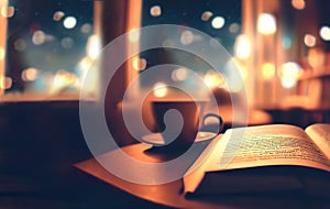 study book with coffee cup on cozy cafeteria at night first person view bokeh on background