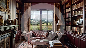 A study with builtin bookshelves filled with leatherbound books and antique artifacts. A leather Chesterfield sofa sits