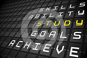 Study buzzwords on black mechanical board