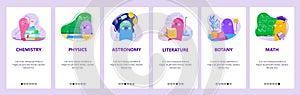 Study chemistry, physics, astronomy, literature botany math subjects. Mobile app screens, vector website banner template