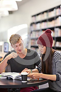 Study companions. two college students studying together at the library.