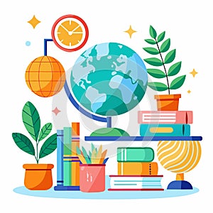 Study desk with globe, books, and plants