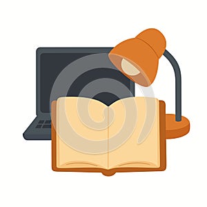 Study Desk With Laptop Lamp And Book Illustration