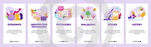 Study economics, IT, psychology, philosophy, history. Mobile app screens, vector website banner template.