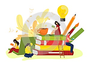 Study education with book, internet knowledge concept vector illustration. Online web school for idea design, laptop