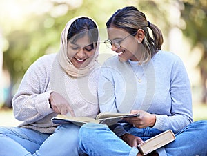 Study friends, park reading and outdoor woman students with university textbook and books. College female, girl friend