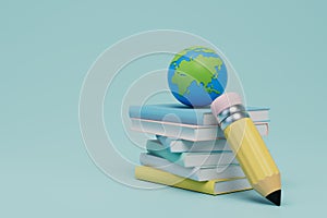 the study of the geography and features of the planet. a stack of books with a globe and a pencil. 3D render