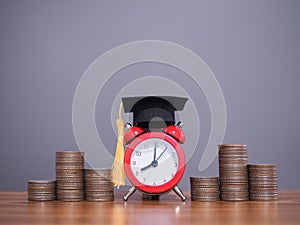 Study goals, Red alarm with graduation hat and stack of coins. The concept for Resolution, Goal, Action, Planning, and manage time