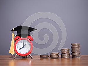 Study goals, Red alarm with graduation hat and stack of coins. The concept for Resolution, Goal, Action, Planning, and manage time