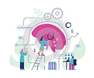Study of human brain concept with scientists flat vector illustration isolated.