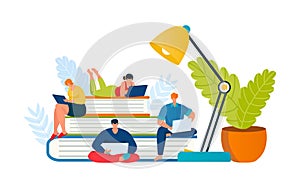 Study knowledge by book, student get education concept vector illustration. Man woman people character learn at library