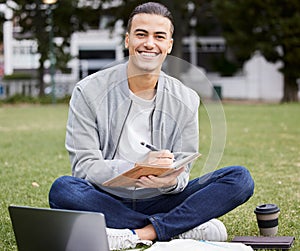 Study, laptop and student portrait in park writing at university, college or campus for research, planning schedule and