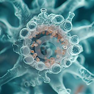 A study of a mysterious virus magnified under a microscope.