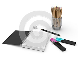 Study office notes and paint - white background