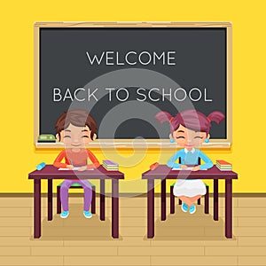 Study pupil student sit class table desk education lesson child character icon classroom school board background vector