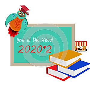 Study year concept wih owl, student in cap with books, vector