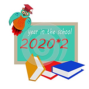 Study year concept wih owl, student in cap with books, vector