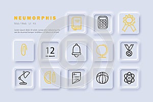 Studying at school line icon. Globe, calculator, paper clip, lamp, medal, book. Neomorphism steyle. Vector line icon for Business