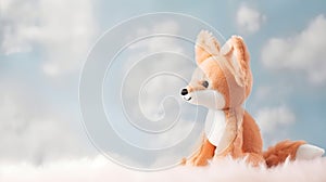 Stuffed animal plush baby fox toy on a studio snow and cloud background. Happy children\'s snuggle toy.
