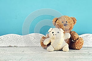 Stuffed animal toys on the white wooden table, Animal dolls, Friends concept. photo