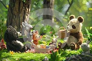 Stuffed animals sit together in the grass, enjoying a playful moment outdoors, A playful family of animals enjoying a day out at