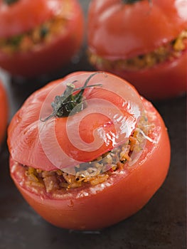 Stuffed Beef Tomato on a Baking Sheet