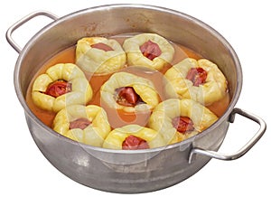 Stuffed Bell Peppers, Cooked In Stainless Steel Sauce Pot, Isolated On White Background.