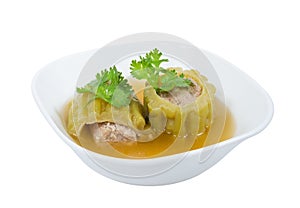 Stuffed bitter gourd soup with seasoned minced pork on isolated on white background,clipping path