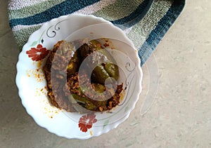 Stuffed Brinjal Indian Dish Baingan Bharwan.Indian, Maharashtrian side dish or appetizer Bharli Vangi, stuffed Eggplants, Crispy b