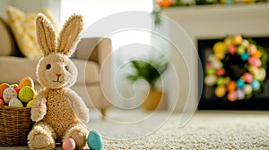 A stuffed bunny sitting next to a basket of easter eggs