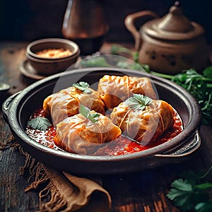 Stuffed cabbage with rice on a rustic table. AI generativ photo