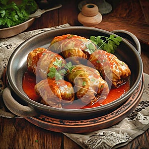 Stuffed cabbage with rice on a rustic table. AI generativ photo