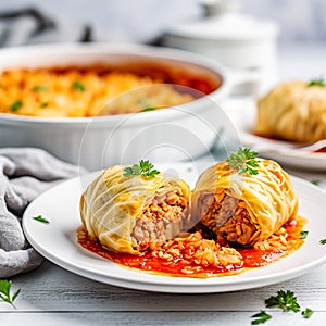 Stuffed cabbage with rice on a white table. AI generativ photo