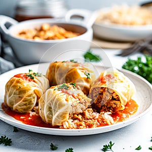 Stuffed cabbage with rice on a white table. AI generativ photo