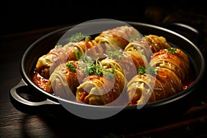 Stuffed cabbage rolls on a traditional plate. Hearty Ukrainian dish with tomato sauce. Concept of Eastern European