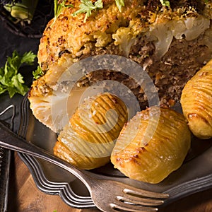 Stuffed cauliflower with mince and Hasselback potatoes