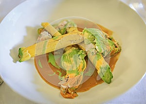 Stuffed courgette zucchini flowers at a restaurant, Villefranche sur Mer, France