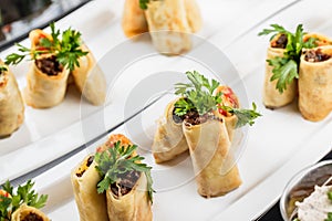 Stuffed crepes topped with meat and vegetables in plate on banquet table. Gourmet food close up, appetizer platter