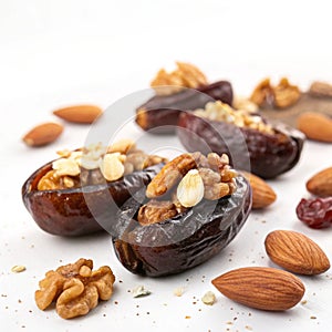 Stuffed dates with nuts isolated on white background photo