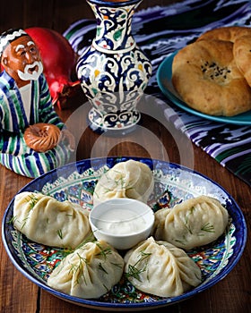 Stuffed dumplings, manti of dough and minced, close up