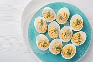 Stuffed eggs on blue plate for easter table