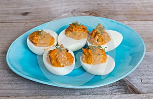 Stuffed eggs with cress on a plate