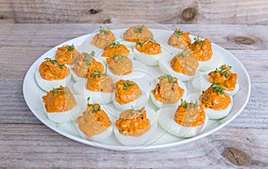 Stuffed eggs with cress on a plate