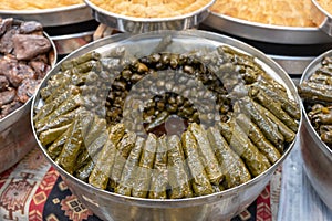 Stuffed grape leaves filled with rice or meat stuffing