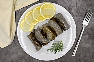 Stuffed grape leaves with olive oil on a dark background. Delicious dolma yaprak sarma.