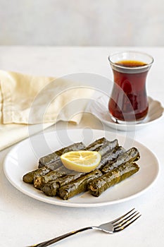 Stuffed grape leaves on white background. Lebanese dolma sarma on plate