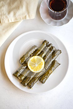 Stuffed grape leaves on white background. Turkish dolma sarma on plate