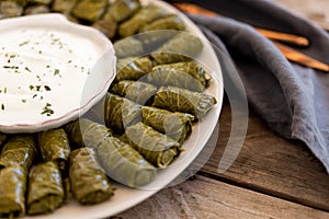 Stuffed grape leaves with yogurt