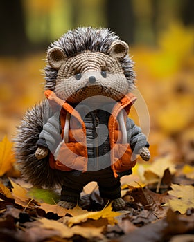 a stuffed hedgehog wearing an orange vest and jacket in the fall leaves